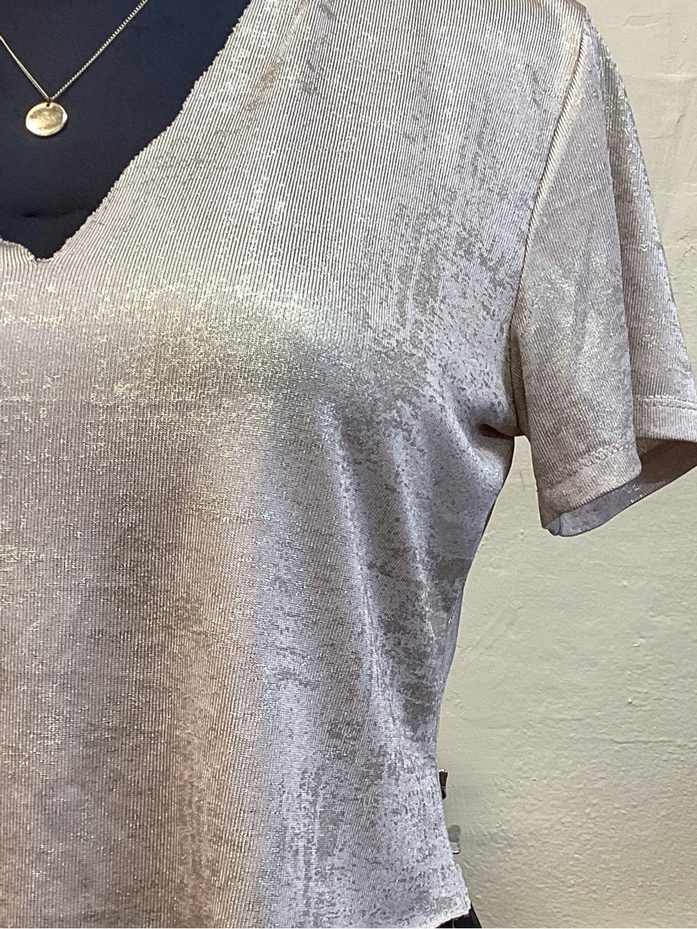 Lush Metallic V-Neck Short Sleeve Top - Silver